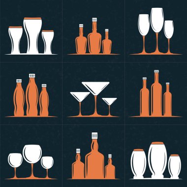Logotype için vektör Retro tasarım öğeleri kümesi. Şarap, gözlük ve şişeler. Resimde beyaz ve turuncu vektör öğeleri kara günü dokulu arka plan