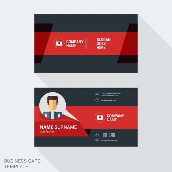 Modern Creative and Clean Business Card Template in Red Color with Cartoon Character Businessman. Place for Your Photo. Flat Style Vector Illustration — Stock vektor
