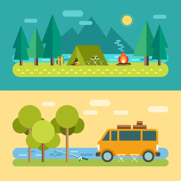 Camp Concept. Tenda turistica sul lago. Minivan sul fiume, Pesca. Illustrazione vettoriale in stile Flat Design per banner web o materiali promozionali — Vettoriale Stock