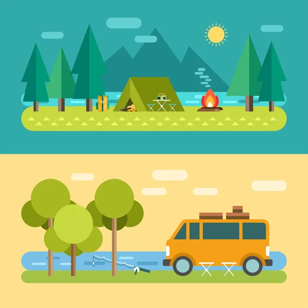 Concepto de campamento. Tienda de campaña turística en el lago. Minivan en el río, Pesca. Ilustración vectorial en estilo de diseño plano para banners web o materiales promocionales — Vector de stock