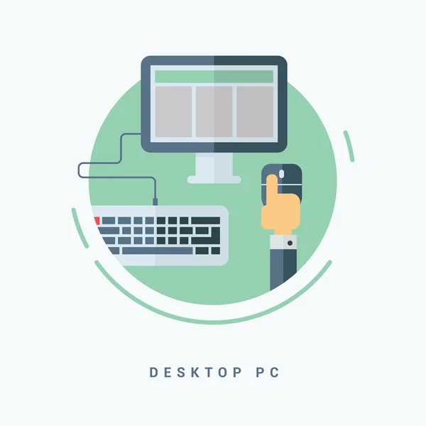 Flat Style Vector Illustration. Desktop PC Concept. Hand with Computer Mouse, Monitor and Keyboard — Stock Vector