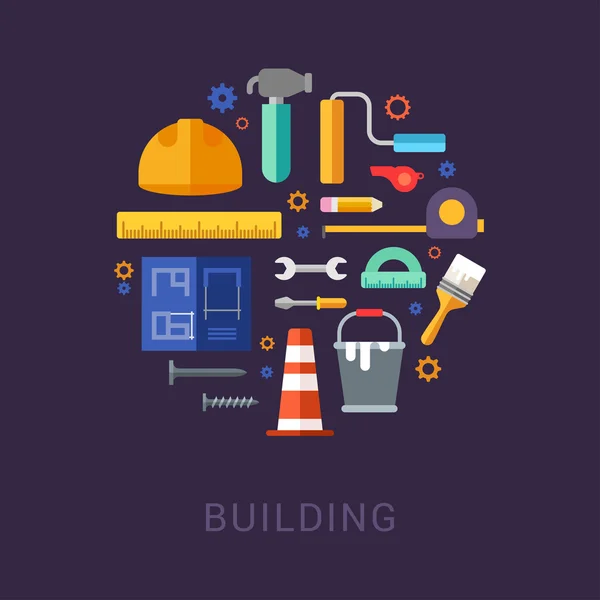 Building Tools and Objects in the Shape of Circle. Helmet, Blueprint, Paint, Ruler, Gears, Hammer. Vector Illustration in Flat Design Style for Web Banners or Promotional Materials — 图库矢量图片