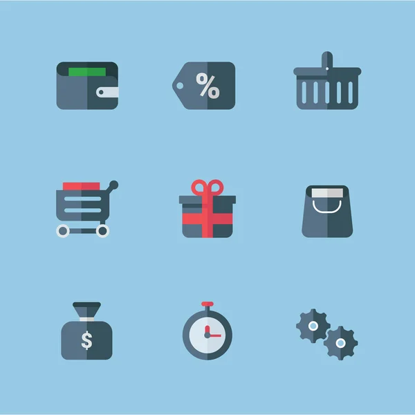 Set of Flat Style Vector Shopping Icons. Gray and Red Colors. Gift, Money, Gears, Discount, Time, Wallet, Basket — Stockový vektor