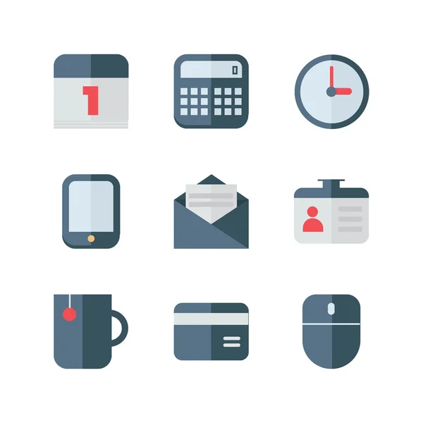 Set di icone business vettoriali in stile piatto. Colori grigio e rosso. Calendario, calcolatrice, posta, carta, telefono, orologio, tazza, mouse — Vettoriale Stock