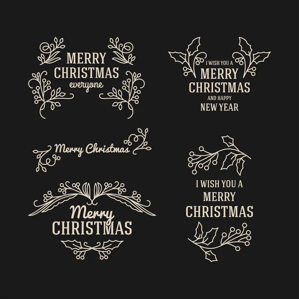 Conjunto de felicitaciones decorativas de postal navideña con rama de muérdago, bayas y elementos de diseño tipográfico. Ilustración vectorial dibujada a mano — Vector de stock