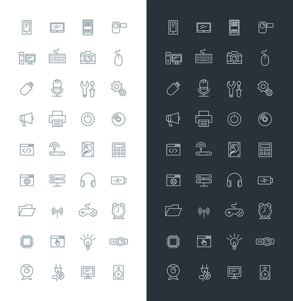 Computer and Technology Line Art Design Vector Icon Set. Mobile Phone, Printer, Computer, Keyboard, Router — 스톡 벡터