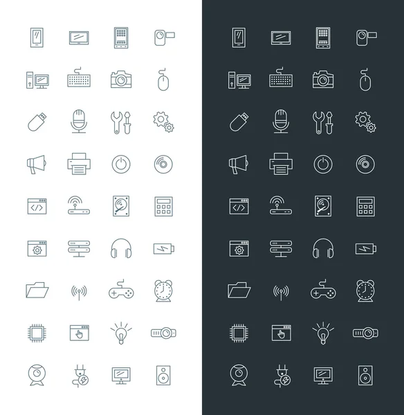 Linha de Computadores e Tecnologia Art Design Vector Icon Set. Telefone móvel, impressora, computador, teclado, roteador — Vetor de Stock