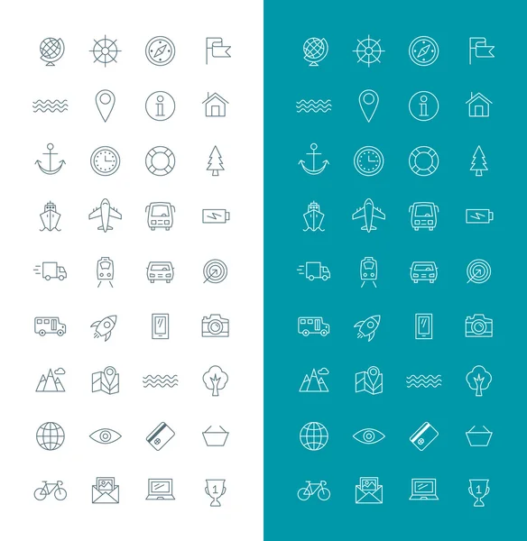 Reizen en vervoer lijn Art Design Icon Set. Kaart, kompas, schip, trein, Bus, fiets — Stockvector