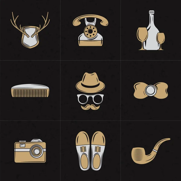 Logotypes 벡터 디자인 요소의 설정 합니다. 빈티지 스타일 디자인 Hipster 아이콘. 벡터 일러스트 레이 션 어둠에 흰색과 갈색 요소와 질감 배경 — 스톡 벡터