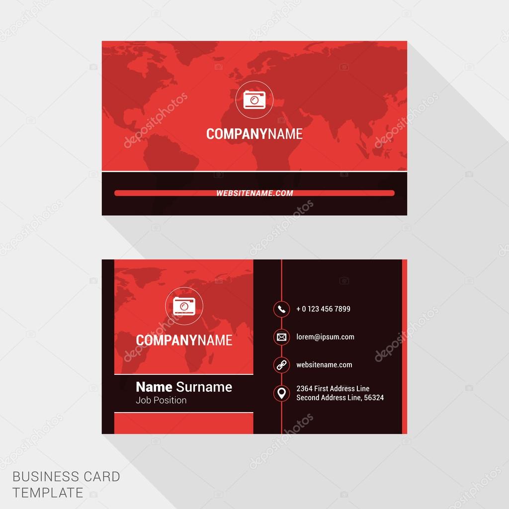 Modern Creative and Clean Business Card Template in Red Color with World Map. Flat Style Vector Illustration