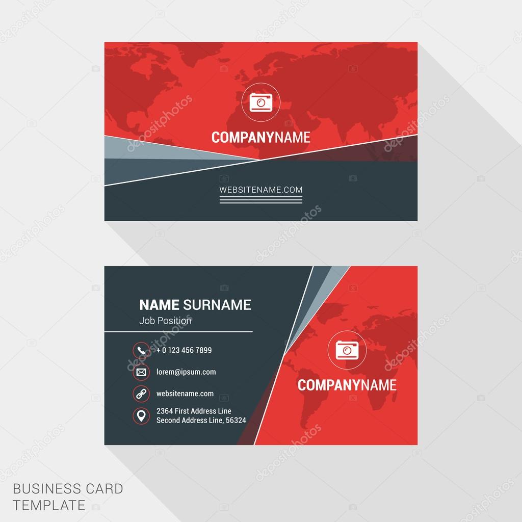 Modern Creative and Clean Business Card Template in Red Color with World Map. Flat Style Vector Illustration