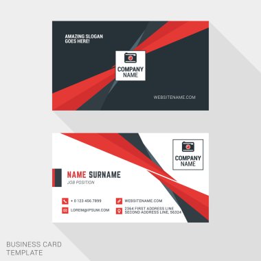 Creative and Clean Business Card Template in Red and Black Colors with Abstract Element. Flat Style Vector Illustration