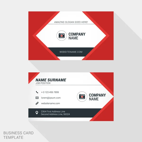 Modelo de cartão de visita criativo e limpo em cores vermelhas e pretas. Ilustração vetorial de estilo plano — Vetor de Stock