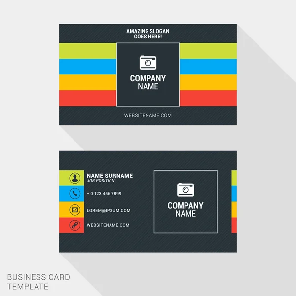 Modello di biglietto da visita creativo e pulito con strisce colorate. Illustrazione vettoriale in stile piatto — Vettoriale Stock