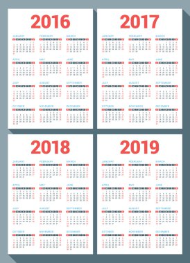 Set of Calendars for 2016, 2017, 2018, 2019 Years on White Background. Week Starts Sunday. Vector Design Print Template