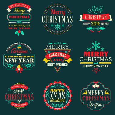 Set of Merry Christmas and Happy New Year Decorative Badges for Greetings Cards or Invitations. Vector Illustration in Red, Green and Yellow Colors