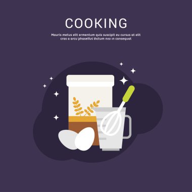 Cooking Concept. Vector Illustration in Flat Design Style for Web Banners or Promotional Materials. Flour and Eggs for Making Dough with Beater in a Measuring Cup