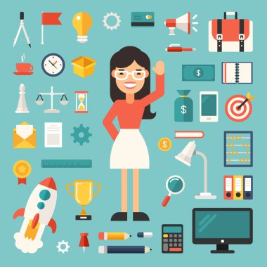 Set of Vector Icons and Illustrations in Flat Design Style. Female Cartoon Character Businessman Surrounded by Business Objects