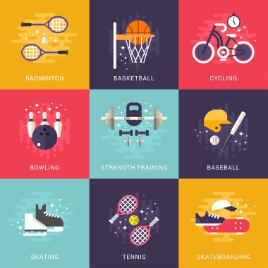 Set of Concept Flat Style Vector Indoor and Outdoor Sport Illustrations. Badminton, Basketball, Cycling, Bowling, Strength Training, Baseball, Skating, Tennis, Skateboarding