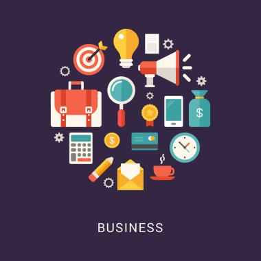 Business Icons in the Shape of Circle. Suitcase, Speaker, Mail, Calculator, Target, Gears, Money, Card, Coins, Document, Smartphone. Vector Illustration in Flat Design Style for Web Banners or Promoti