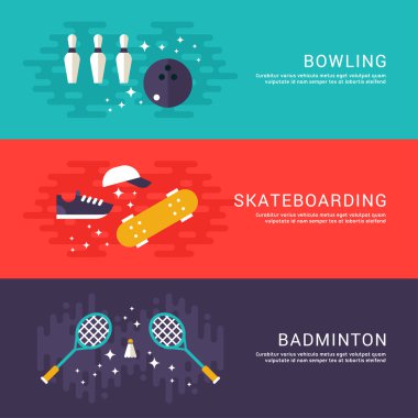 Set of Concept Flat Style Vector Sport Illustrations. Bowling, Skateboarding, Badminton. Web Banner Template