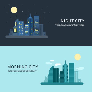 Night City and Morning City. Flat Style Vector Conceptual Illustration for Web Banners or Promotional Materials