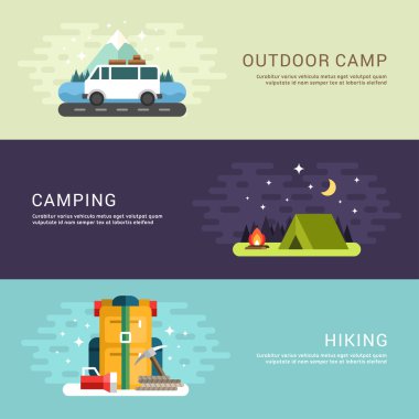 Camping and Hiking Concept. Van, Tent and Backpack. Set of Flat Style Vector Conceptual Illustrations for Web Banners or Promotional Materials