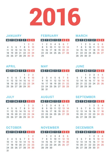 Calendar for 2016 Year on White Background. Week Starts Monday. Vector Design Print Template — ストックベクタ