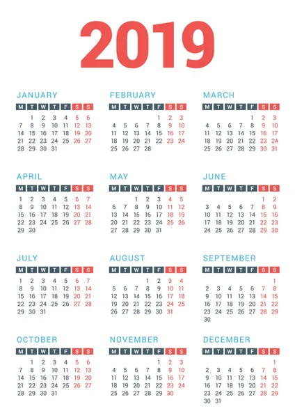 Calendar for 2019 Year on White Background. Week Starts Monday. Vector Design Print Template — Wektor stockowy