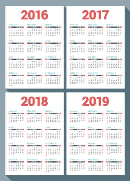 Série de calendriers pour 2016, 2017, 2018, 2019 Années sur fond blanc. La semaine commence dimanche. Modèle d'impression de conception vectorielle — Image vectorielle