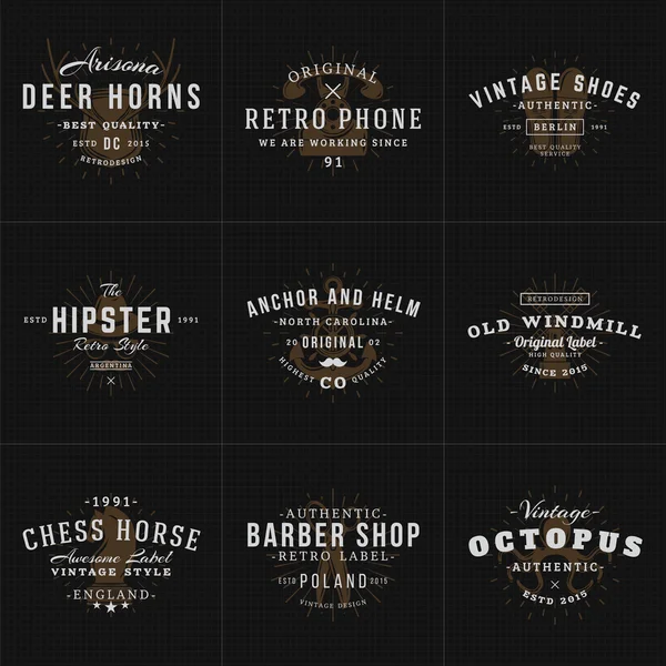 Set of Hipster Vintage Labels, Logotypes, Badges for Your Business. Horns, Retro Phone, Shoes, Anchor, Windmill, Barber, Chess. Vector Illustration on Dark Textured Background — стоковий вектор