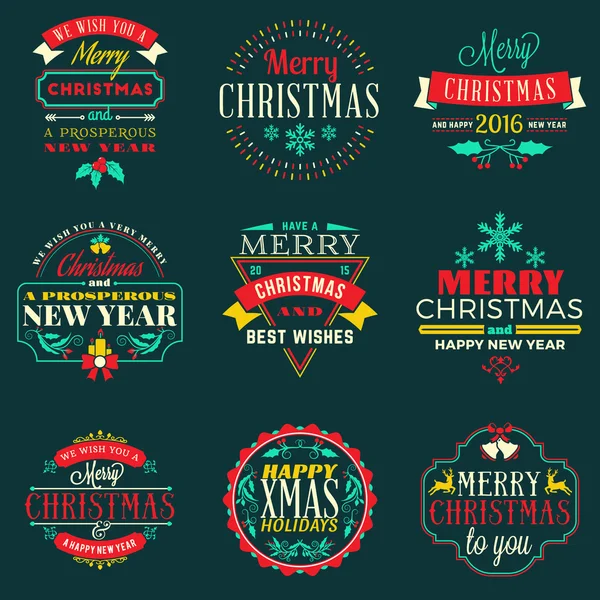 Ensemble d'insignes décoratifs joyeux Noël et bonne année pour cartes de vœux ou invitations. Illustration vectorielle en rouge, vert et jaune — Image vectorielle