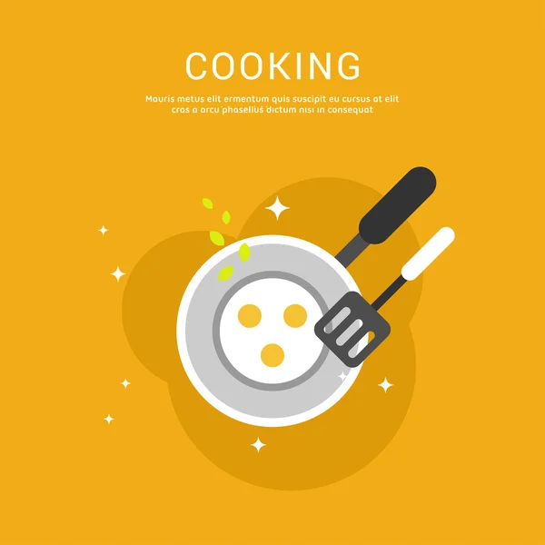 Концепция приготовления пищи. Векторная реклама в стиле плоского дизайна для веб-баннеров или рекламных агентств. Жареные на сковороде — стоковый вектор