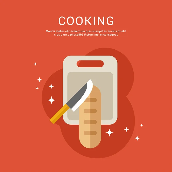 Concetto di cucina. Illustrazione vettoriale in stile Flat Design per banner web o materiali promozionali. Coltello e pane su tavola — Vettoriale Stock