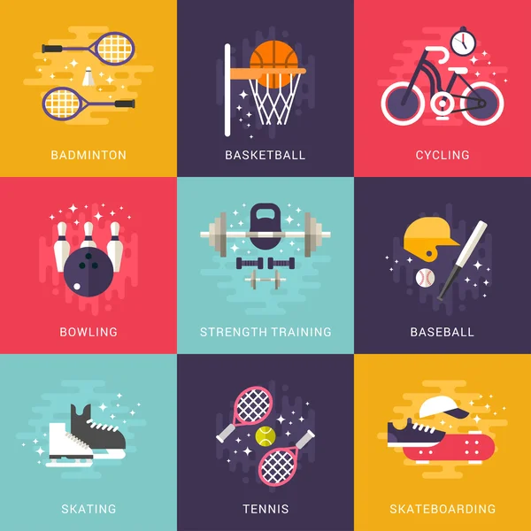 Set of Concept Flat Style Vector Indoor and Outdoor Sport Illustrations. Badminton, Basketball, Cycling, Bowling, Strength Training, Baseball, Skating, Tennis, Skateboarding — 스톡 벡터