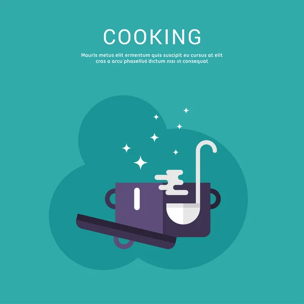 Concetto di cucina. Illustrazione vettoriale in stile Flat Design per banner web o materiali promozionali. Vaso di zuppa e mestolo — Vettoriale Stock