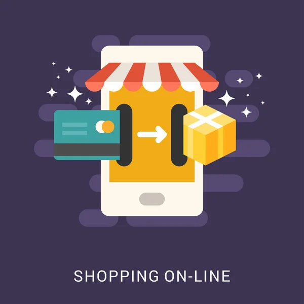 Flat Design Concept for Web Banners. Shopping On-line. Smartphone with Card and Box — Stock Vector