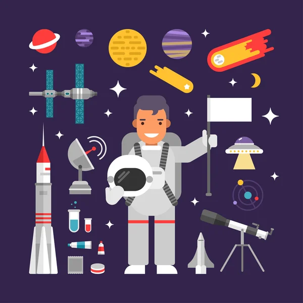 Conjunto de iconos vectoriales e ilustraciones en estilo de diseño plano. Astronauta personaje de dibujos animados masculino rodeado de planetas, cohetes y estrellas — Archivo Imágenes Vectoriales