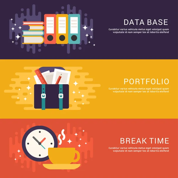 Flat Design Concept. Set of Vector Illustrations for Web Banners. Data Base, Portfolio, Break Time — Διανυσματικό Αρχείο