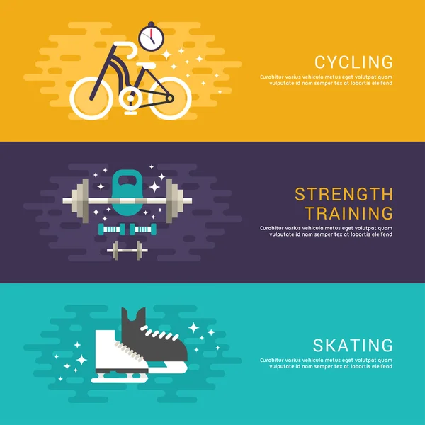 Set de Concepto Estilo Plano Vector Sport Illustrations. Ciclismo, Entrenamiento de fuerza, Patinaje. Plantilla de banner web — Archivo Imágenes Vectoriales