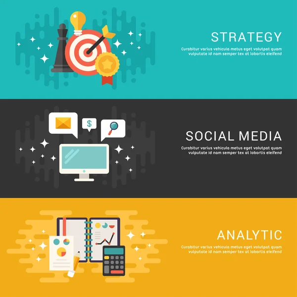 Flat Design Concept. Set of Vector Illustrations for Web Banners. Strategy, Social Media, Analytics — Stockvector