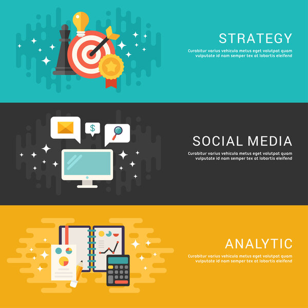 Flat Design Concept. Set of Vector Illustrations for Web Banners. Strategy, Social Media, Analytics