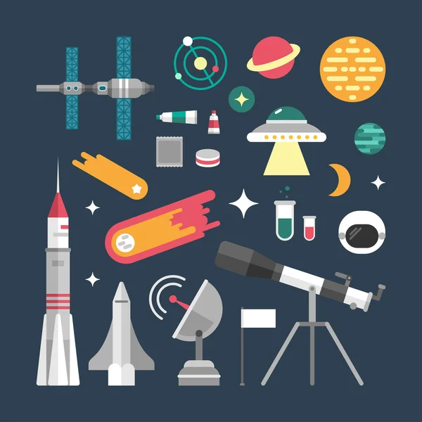 Conjunto de iconos vectoriales e ilustraciones en estilo de diseño plano. Planetas, cohetes, estrellas — Vector de stock