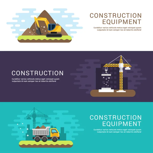 Construction and Building Concept. Crane, Dump Truck and Excavator. Set of Flat Style Vector Conceptual Illustrations for Web Banners or Promotional Materials — Stockvector