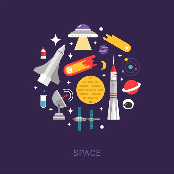 Ícones do espaço em forma de círculo. Shuttle, Estrelas, Sol, Cometa, Foguete, Planetas. Ilustração vetorial em estilo de design plano para banners da Web ou materiais promocionais —  Vetores de Stock