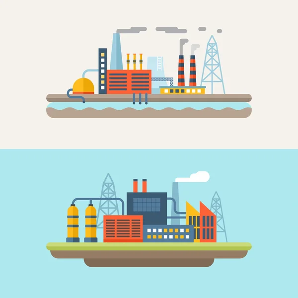 Industrial Factory Buildings. Set of Flat Style Vector Conceptual Illustrations for Web Banners or Promotional Materials — Stockový vektor