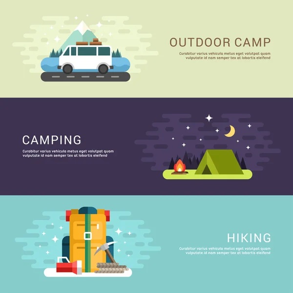 Camping e Hiking Concept. Van, tenda e zaino. Serie di illustrazioni concettuali vettoriali in stile piatto per banner Web o materiali promozionali — Vettoriale Stock