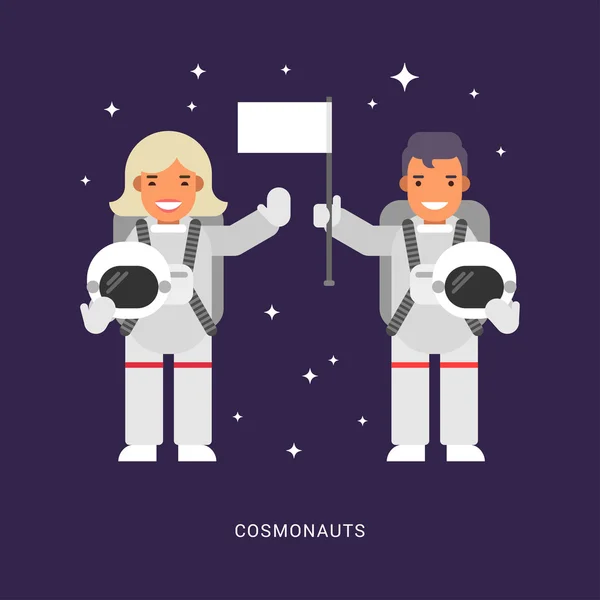 Dos cosmonautas. Personajes de dibujos animados masculinos y femeninos Astronauta. Estilo plano Vector Ilustración — Vector de stock