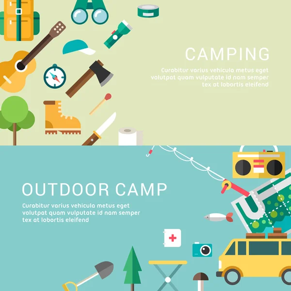 Campingkonzept. touristische Ausrüstung. Vektor-Illustrationen und Icons im flachen Design-Stil für Web-Banner oder Werbematerialien — Stockvektor