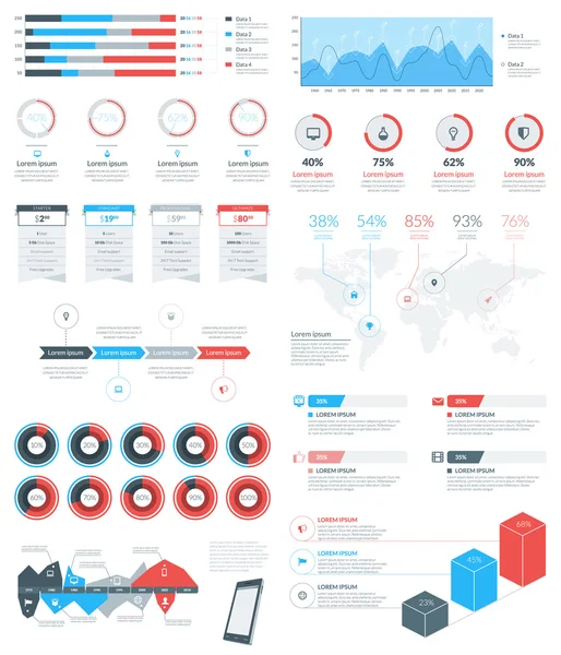 Serie di elementi e oggetti infografici vettoriali per brochure, volantini e siti web. Illustrazione vettoriale in stile piatto — Vettoriale Stock